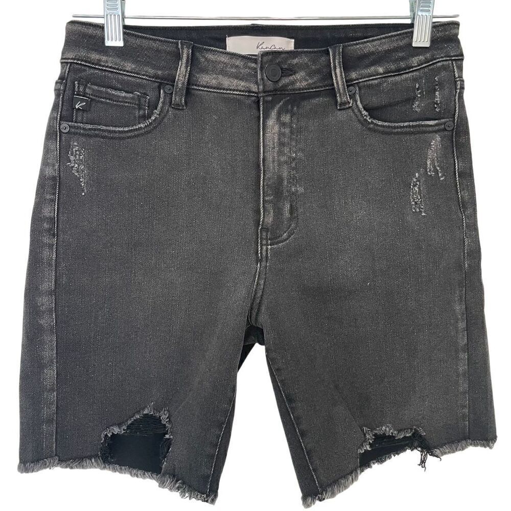 Kancan Women's High Rise Bermuda Shorts Black Distressed Stretch Size 9
